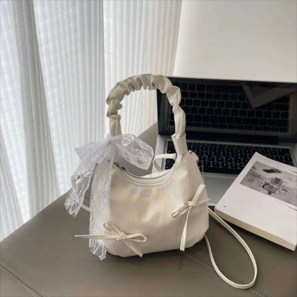 Fashion Cloud Evening Handbag Pleated Beige Bow PU Shoulder Lace Ribbon Large Capacity Underarm Bag Travel Y260205