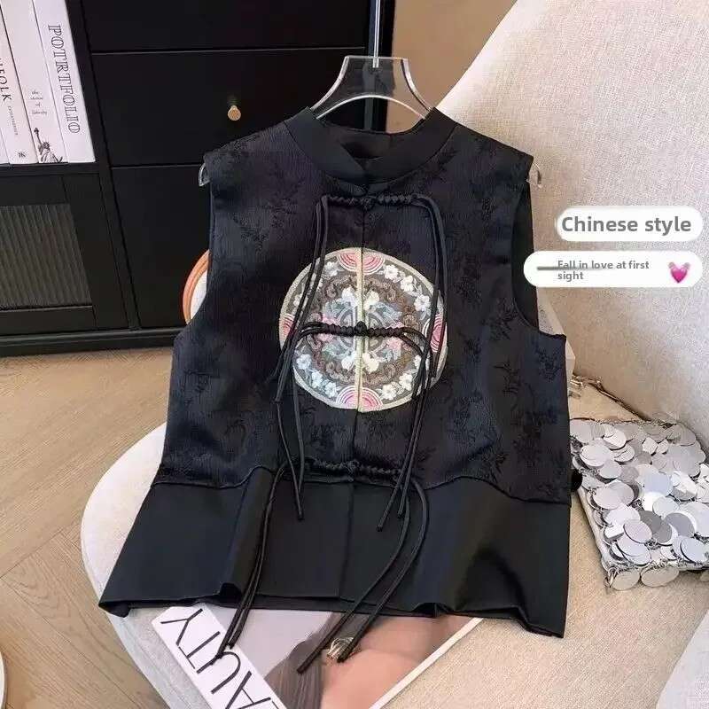 Chinese Style Women Spring Summer Embroidery Tassel Knot Button Jacket Female Sleeveless Short Coat Vintage Satin Vest