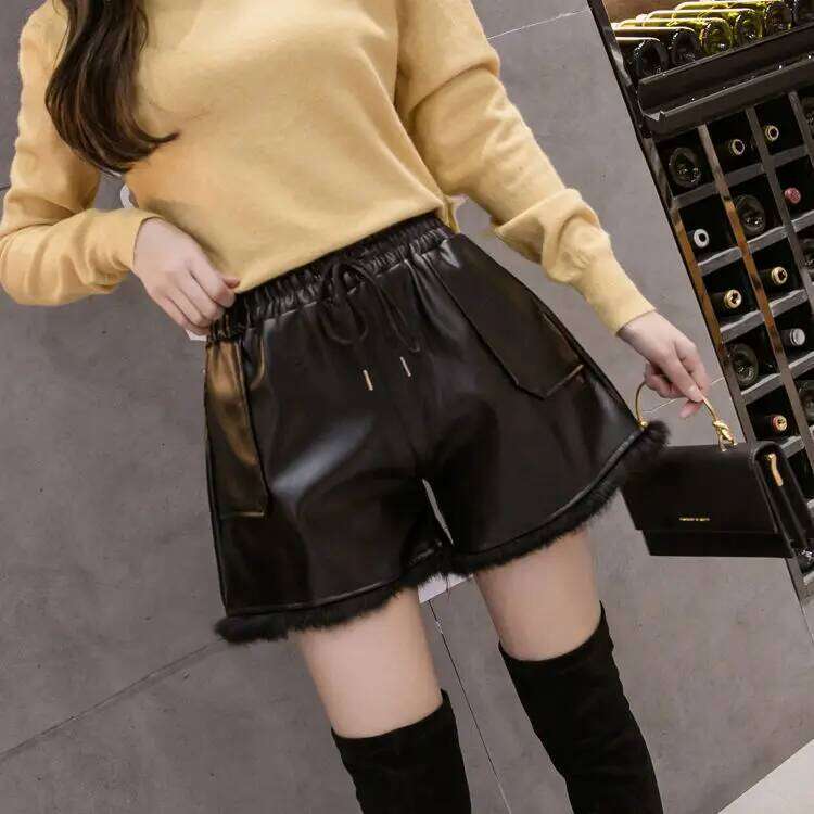 Women's Elastic Fleece Shorts, High Waist, Thick, Warm, PU, Casual, Ladies, Black Boots Pant, New, Autumn, Winter 2024 XJ260206