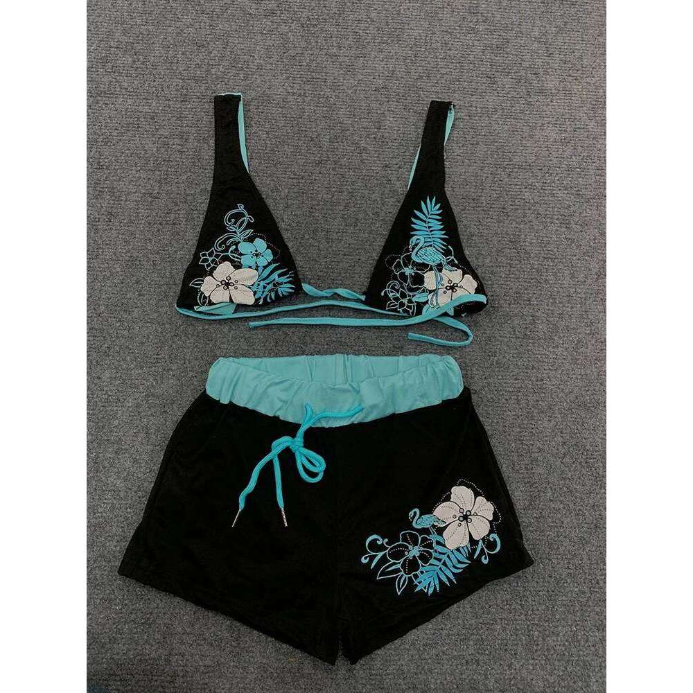 Summer Y2K Aesthetic Vintage Contrast Flower Print Suspender Bra Shorts Set Beach Fashion Hot Sexy Ladies Split Two Piece Bikini Z260206