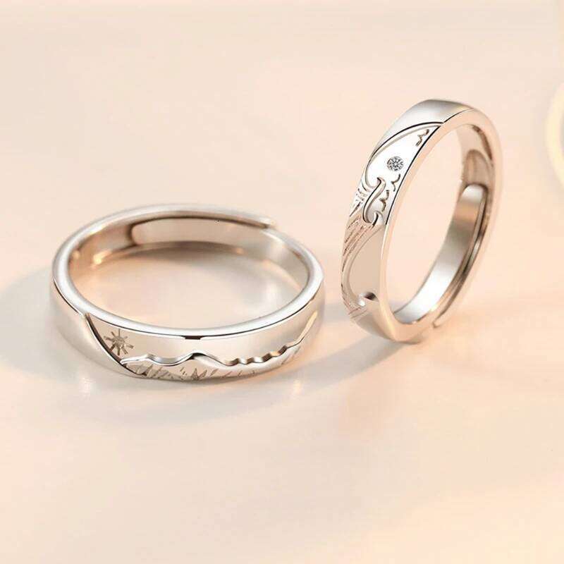 2 Pieces Adjustable Matching She and Him Set Rings Mountain Sea Declaration Promise Ring Valentine's Day Gift W260206