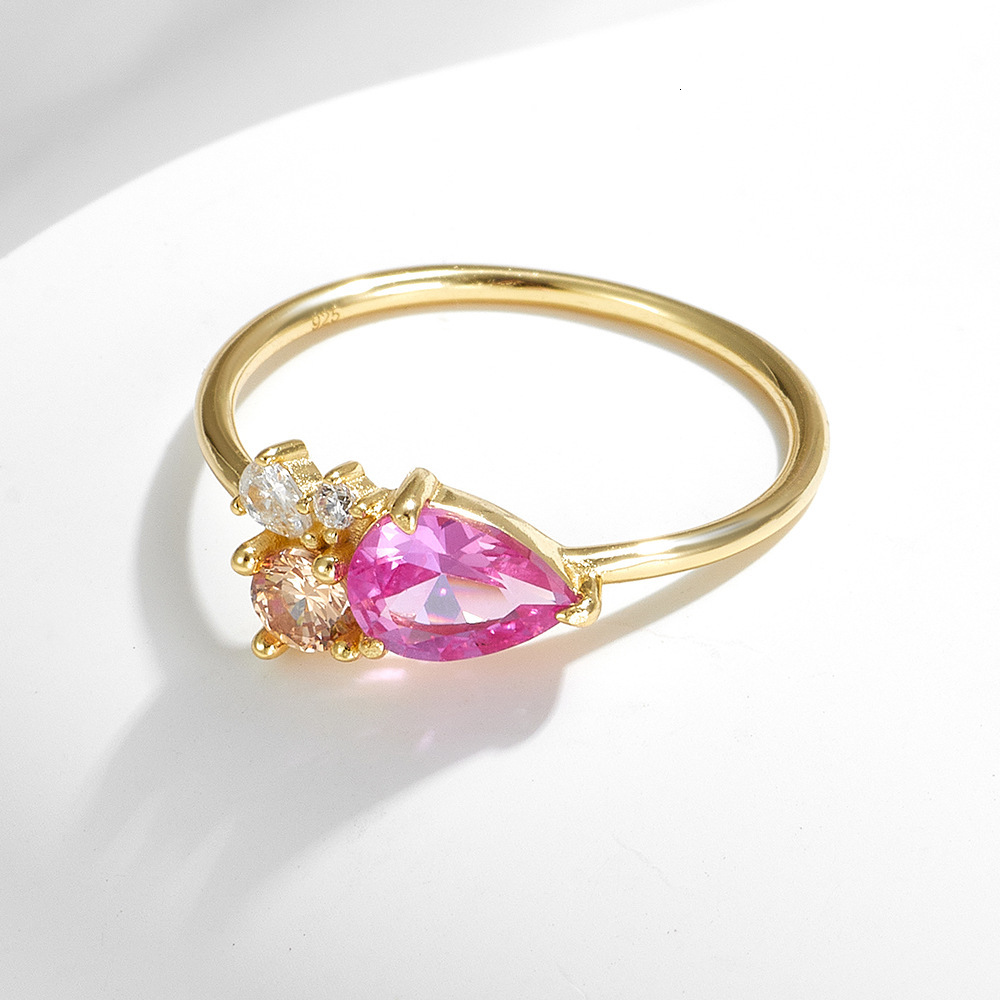 High-End Women's Inlaid with Colorful Water Drop Zircon Sterling Silver Light Luxury Style Niche Ring Wholesale