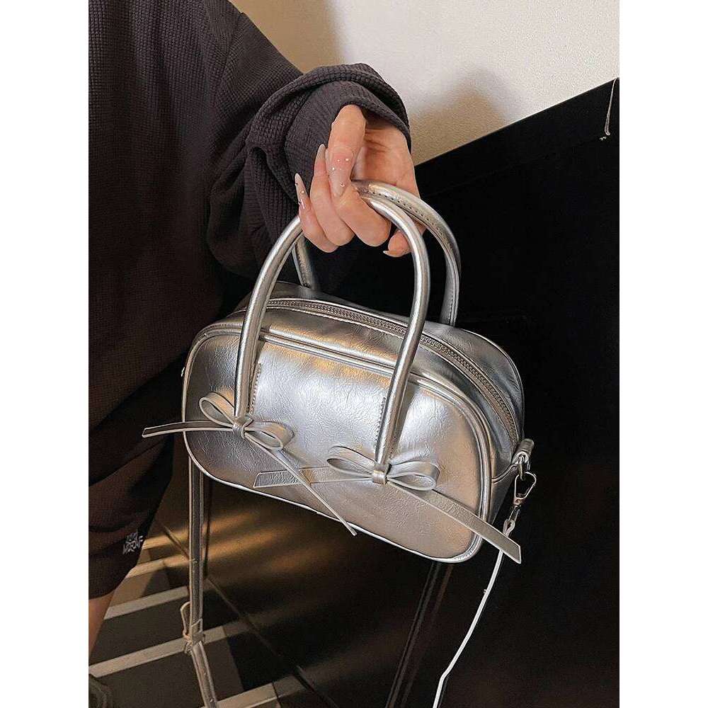 Sweet Bow Zipper Pink Handbag Women Summer New Korean Solid Oil Leather Commute Bowling Bags Fashion Versatile Crossbody Bag Y260205