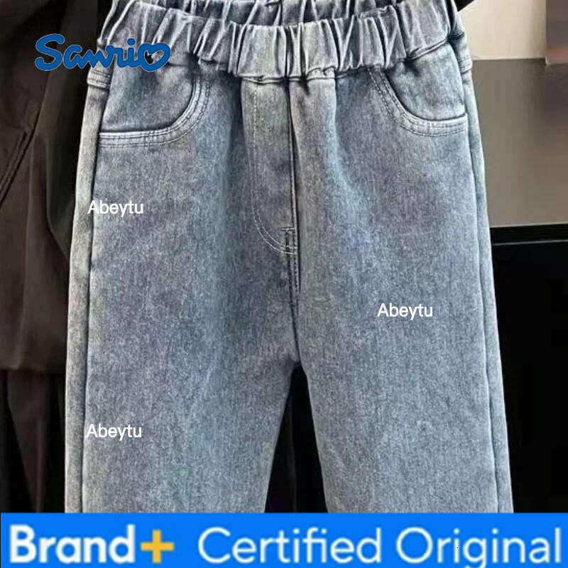 Sanrio Hello Kitty Baby Jeans for Girls Comfortable Patchwork Straight Leg Pants Cute Autumn Winter Kawaii Trousers Fashionable H260206