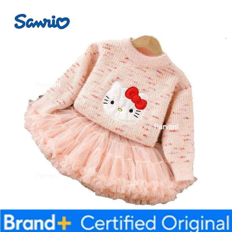 Sanrio Hello Kittys Girl Sweater Cute Cartoon Spring Autumn New Base Layer Plus Velvet Thicken Princess Dress Two Piece Set Tutu H260206 - view 5
