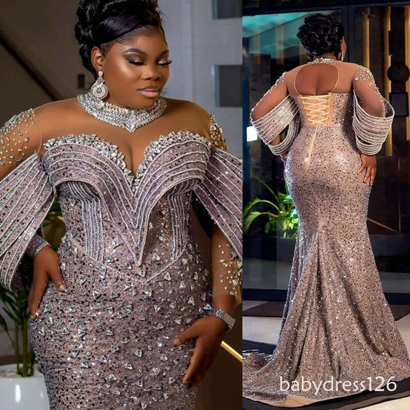 Plus Size Aso Ebi Prom Evening Formal For Women Mermaid High Neck Long Sleeves Rhinestones Crystals Birthday Dress Reception Gowns F03
