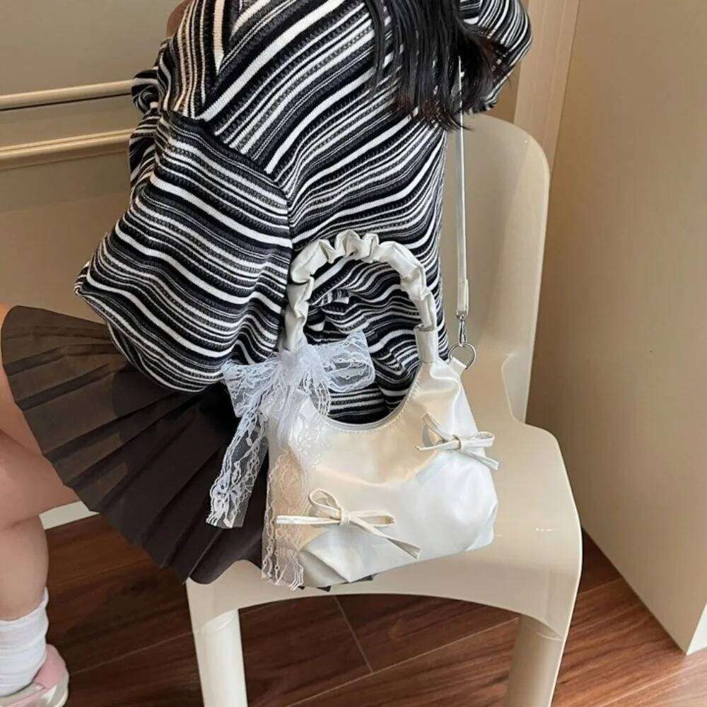 Fashion Cloud Evening Handbag Beige Lace Ribbon Bow PU Shoulder Large Capacity Korean Style Underarm Bag Girls Y260205