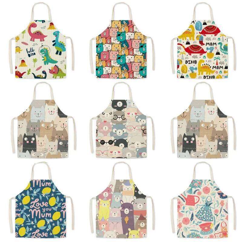 Parent-child Cartoon Kitchen Apron Cute Dinosaur Bear Cat Printed Home Sleeveless Unisex Cotton Linen Aprons Baking Accessories S260205