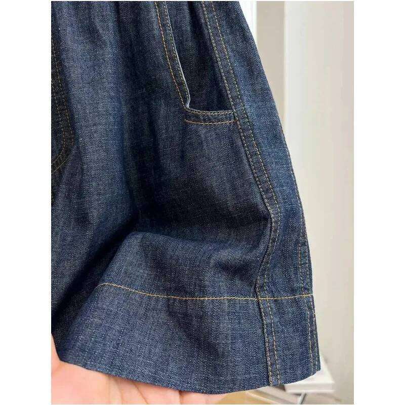 Women's Casual Elastic Waist Denim Vintage Summer Loose Straight A-line Jean Shorts C260206