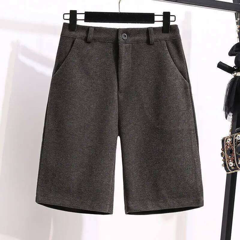 Women's Autumn Winter Solid Color High Waist Button Pockets Woolen Loose Elasticized Straight Casual All-match Wide Leg Shorts XJ260206