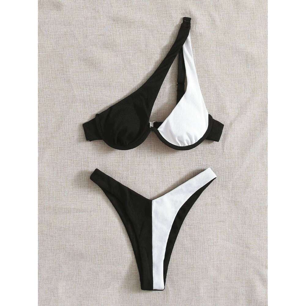 2024 Luxury Two-Pieces Solid Patchwork Underwire Push Up One Shoulder Cut Out Beachwear Swimwear Biqunis Brazilian Thong Bikinis Z260206