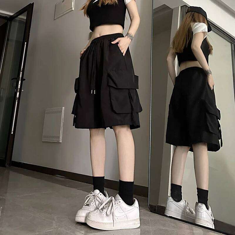 S-3Xl Y2K Cargo Women Harajuku Black Oversized Wide Leg Shorts Summer Streetwear Fashion High Waist Baggy Short Pants New C260206