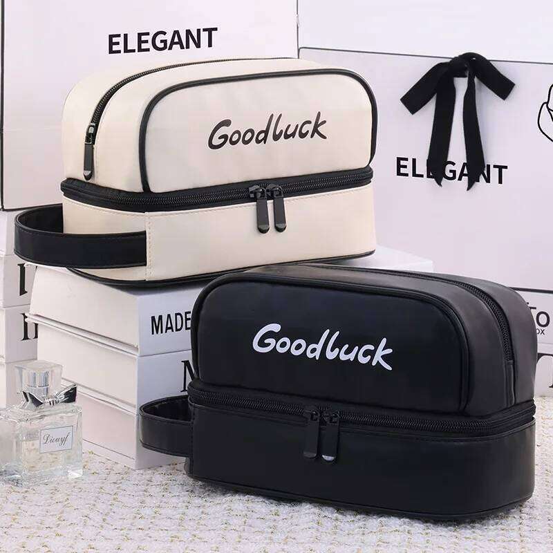 Women's Double Layer PU Leather Makeup Bag Portable Travel Cosmetic Organizer Toiletry Pouch for Beauty Essentials Y260206