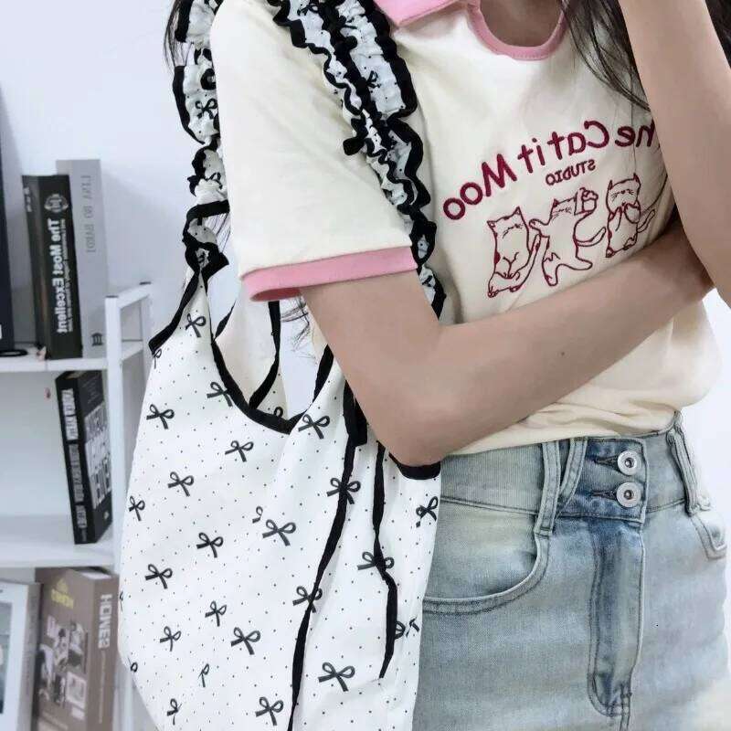 Bow Dot Print Women Bag Large Capacity Shoulder Bags Luxury Fairy Handbag Commuting Canvas Handbags Korean Style Cute Citybag Y260205
