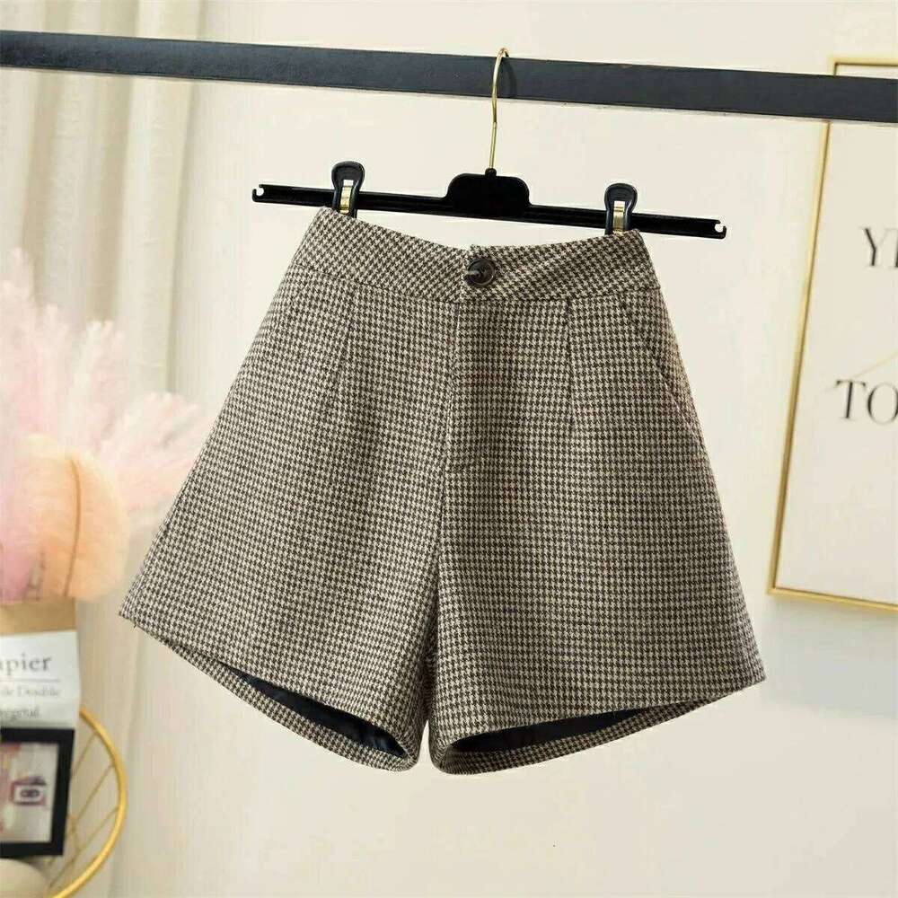 Women's Woolen Thousand Bird Grid Autumn High waisted A-line wide leg Slim Shorts Winter Outerwear Pants boots XJ260206