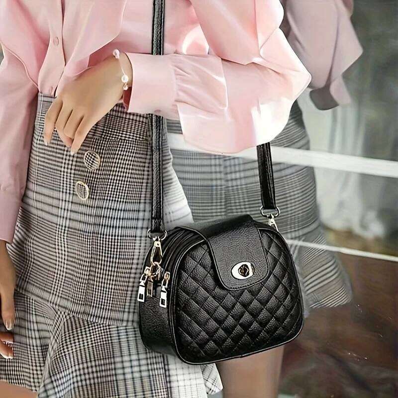 Women Stylish Black Crossbody Bag 3 Compartment Purse with Golden-Tone Hardware, Polyester Lining for Everyday Use, Work, Travel XJ260129