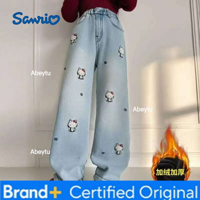 Sanrio Hello Kitty Jeans Girls Trousers Autumn Winter 2026 New Style Thickened Slim Fit Wide Leg Comfortable Pants Fashionable H260206