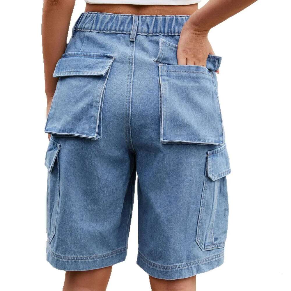 Jeans Women Cargo Pants Elastic Waist Washed Distressed Multiple Pockets Knee Length Shorts Streetwear Straight Denims C260206
