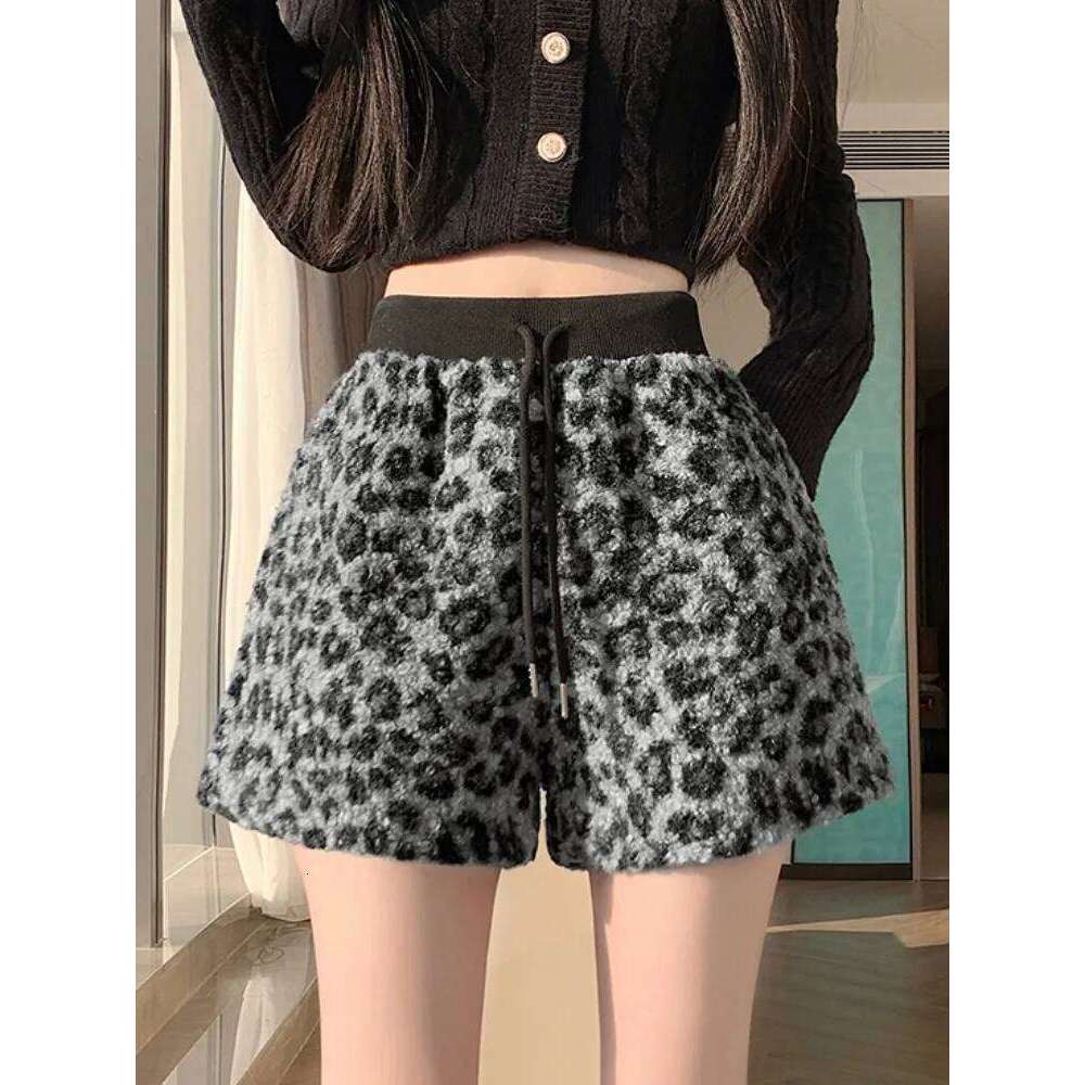 Unique Super Cute Leopard Print Fluffy Casual orts Women Winter Retro American High Waist A-Line Outerwear Boot Pants XJ260206