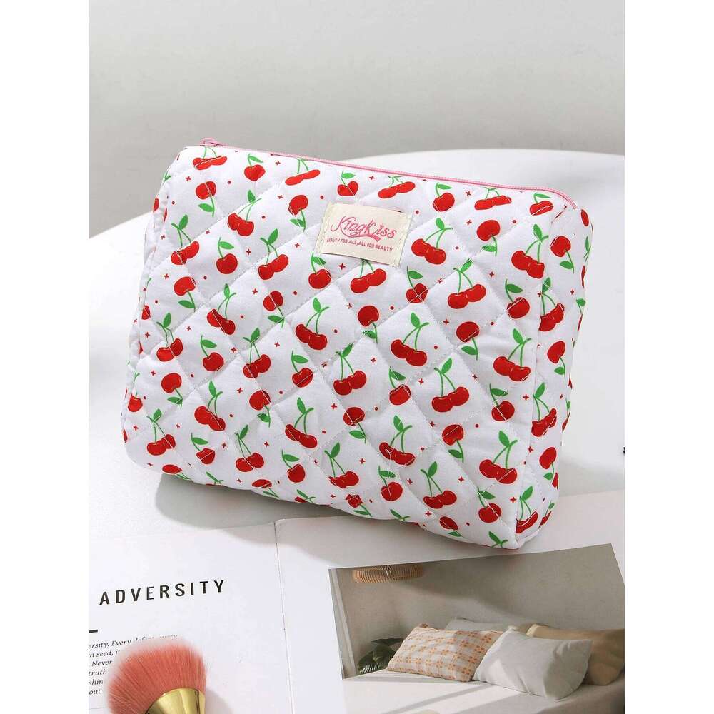 3-piece green leaf and big cherry quilted essential travel bag, cute large-capacity makeup bag Y260206