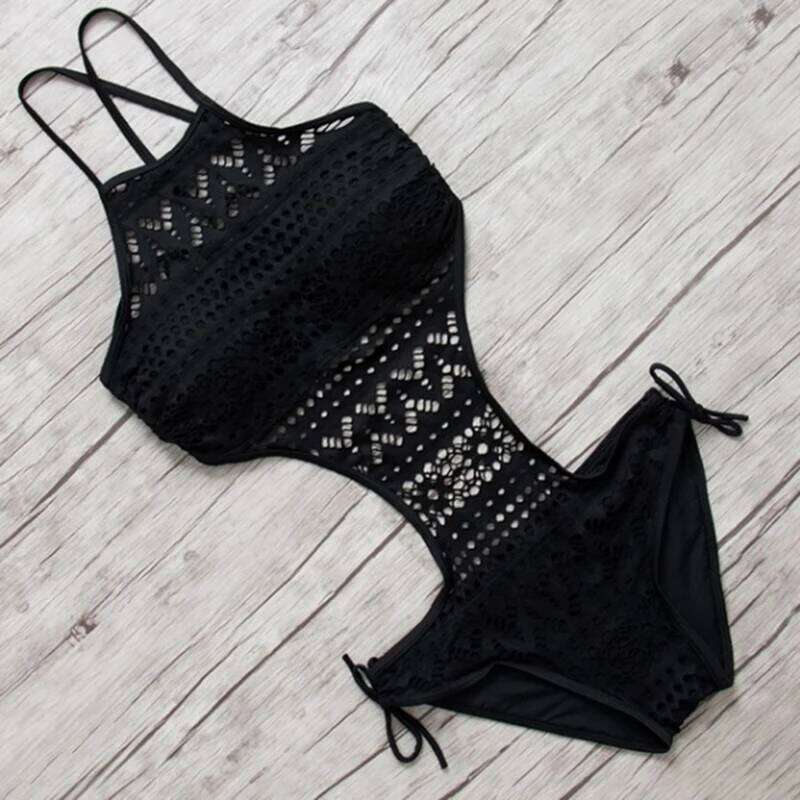 New 2025 women swimsuit one pieces swimwear female sexy hollow monokini lace halter bathing suit pad beachwear solid bodysuit Z260206