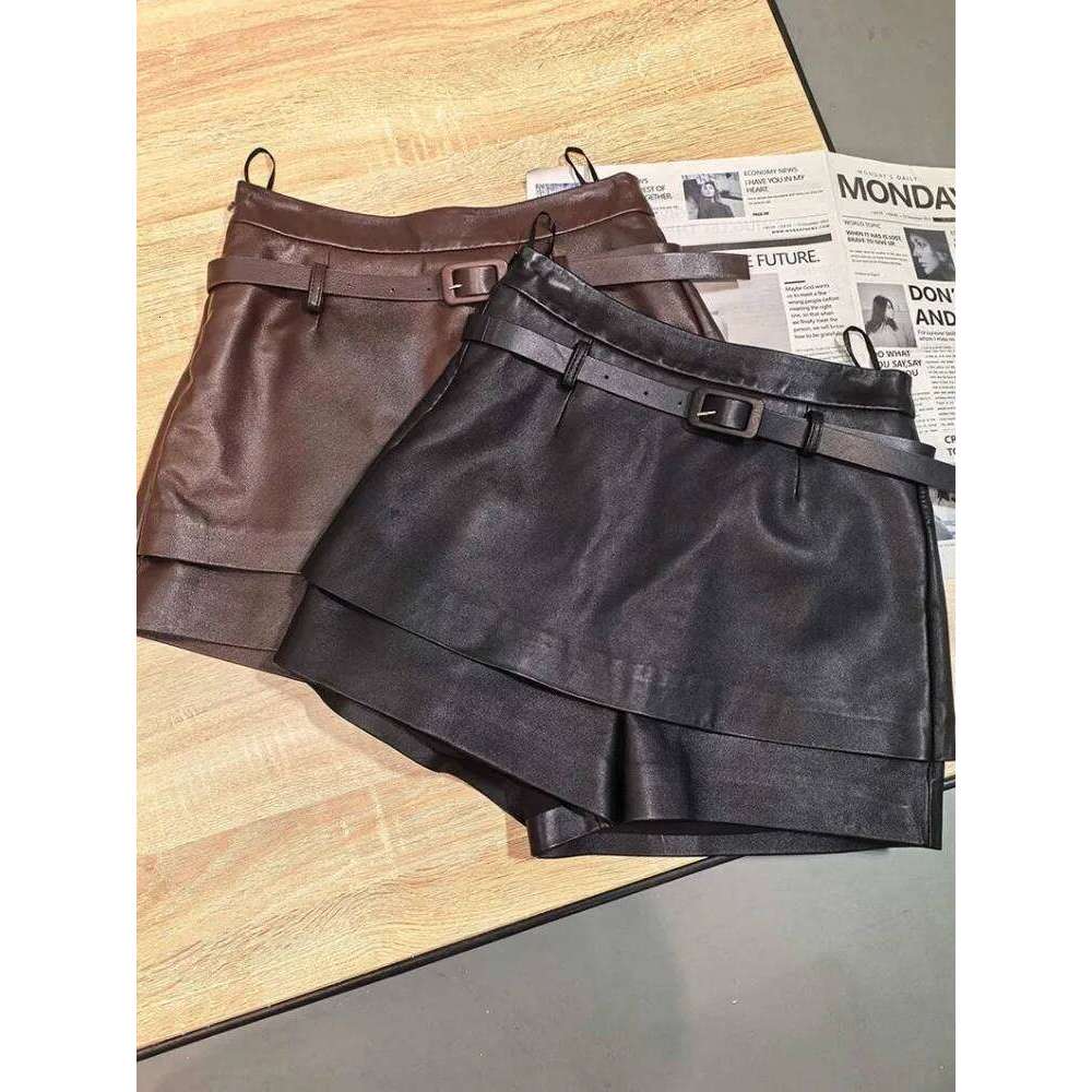 Top Quality Ladies Solid Color High Waist Genuine Leather Shorts Sweet Style Slim Sheepskin Sashes Buckle Short Trousers XJ260206
