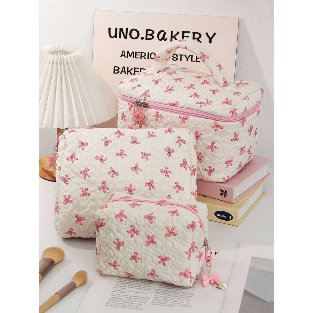 1 pc/set quilted multifunctional bow fashionable portable bag, essential makeup bag for toile Y260206
