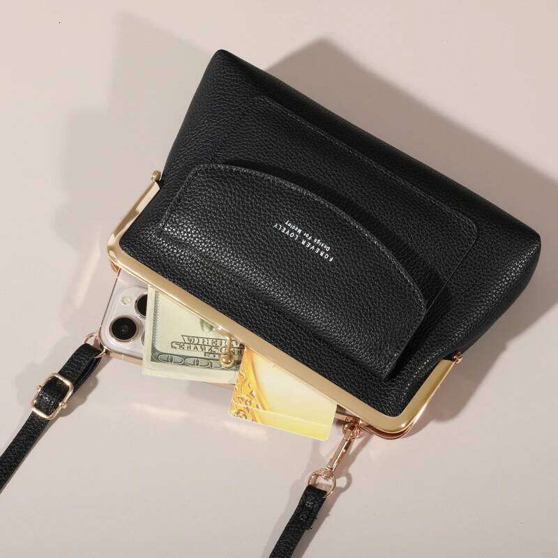 Women's Elegant PU Leather Clutch Wallet, Modern Kiss Lock & Zipper Design, Crossbody Bag With Adjustable Strap XJ260129