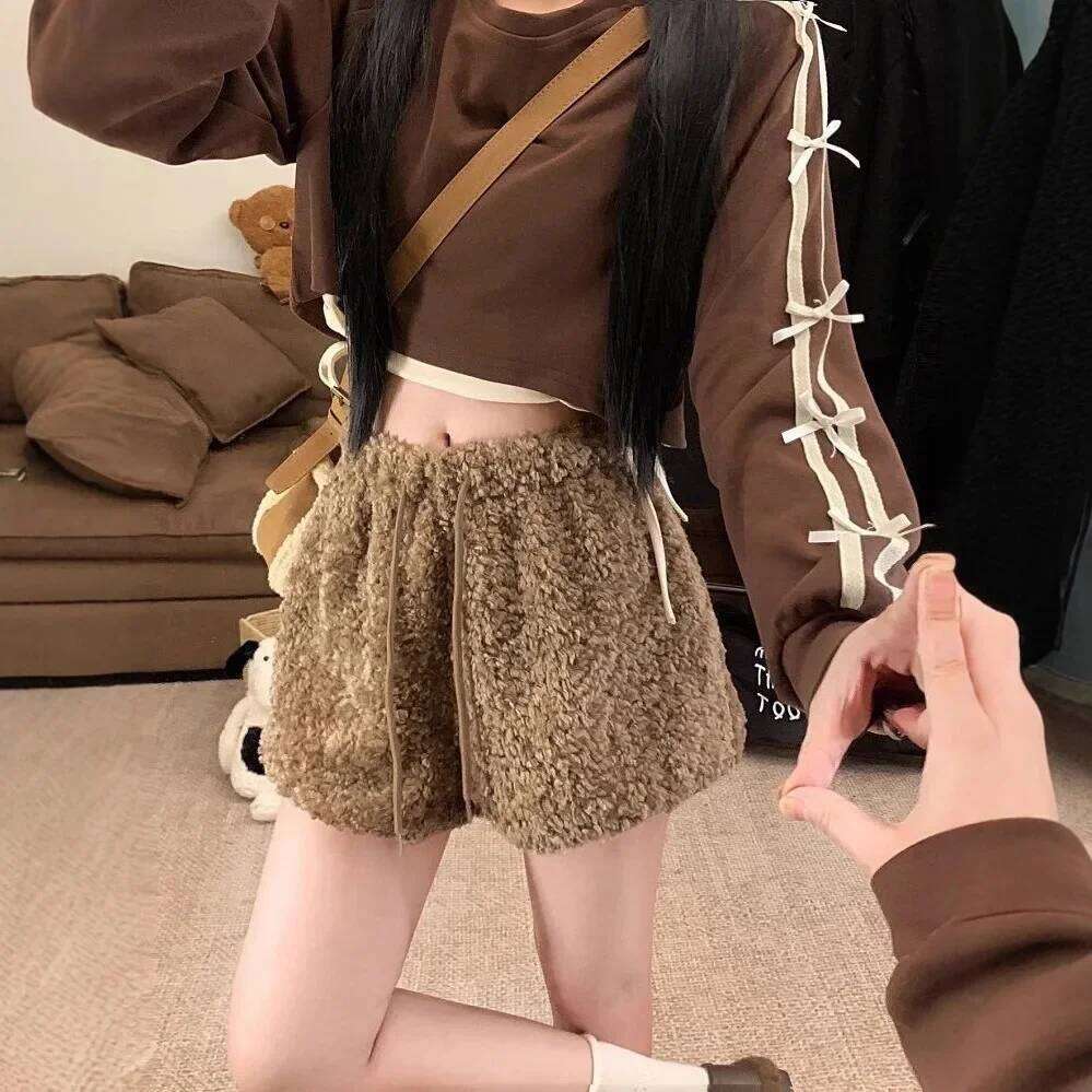 Women's Thickened Lamb Fur Short Winter High Waist Straight Wide Leg Boots A- Line Casual Pants Polyester Fiber XJ260206