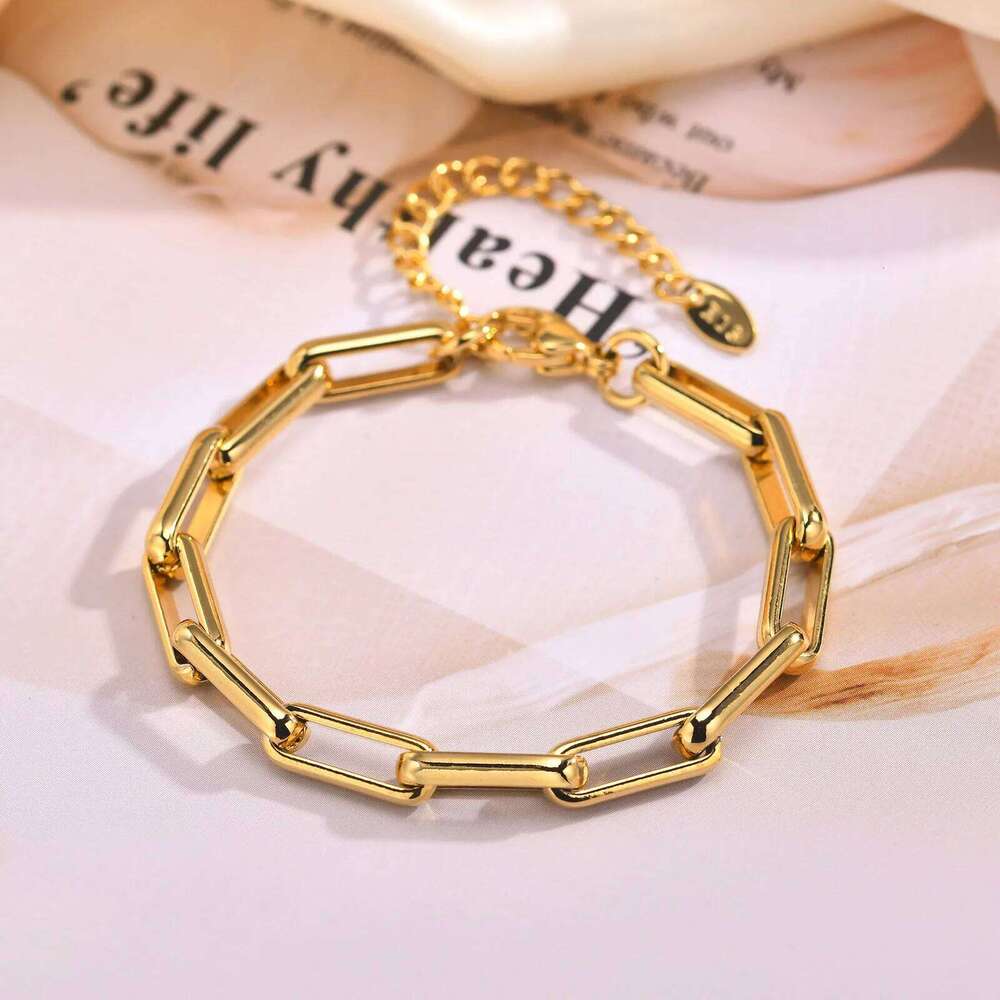 6mm Paperclip Chain Bracelet 18k Gold Plated Stainless Steel Link Adjustable Stackable Jewelry for Women Girls Gift 26H0206