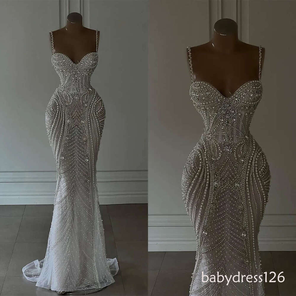 Mermaid Wedding Dresses Spaghetti Sweetheart Pearls Chain Beads Backless Zipper Floor Length Custom Made Plus Size Bridal Gown Vestidos De Novia BC5