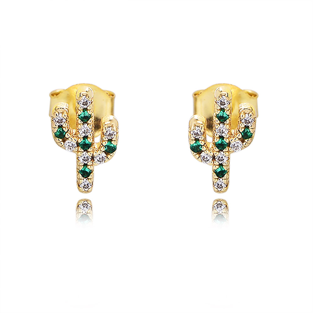 s925 silver plant cactus micro-inlaid zircon small for women, Japanese Korean sweet and fresh personalized earrings