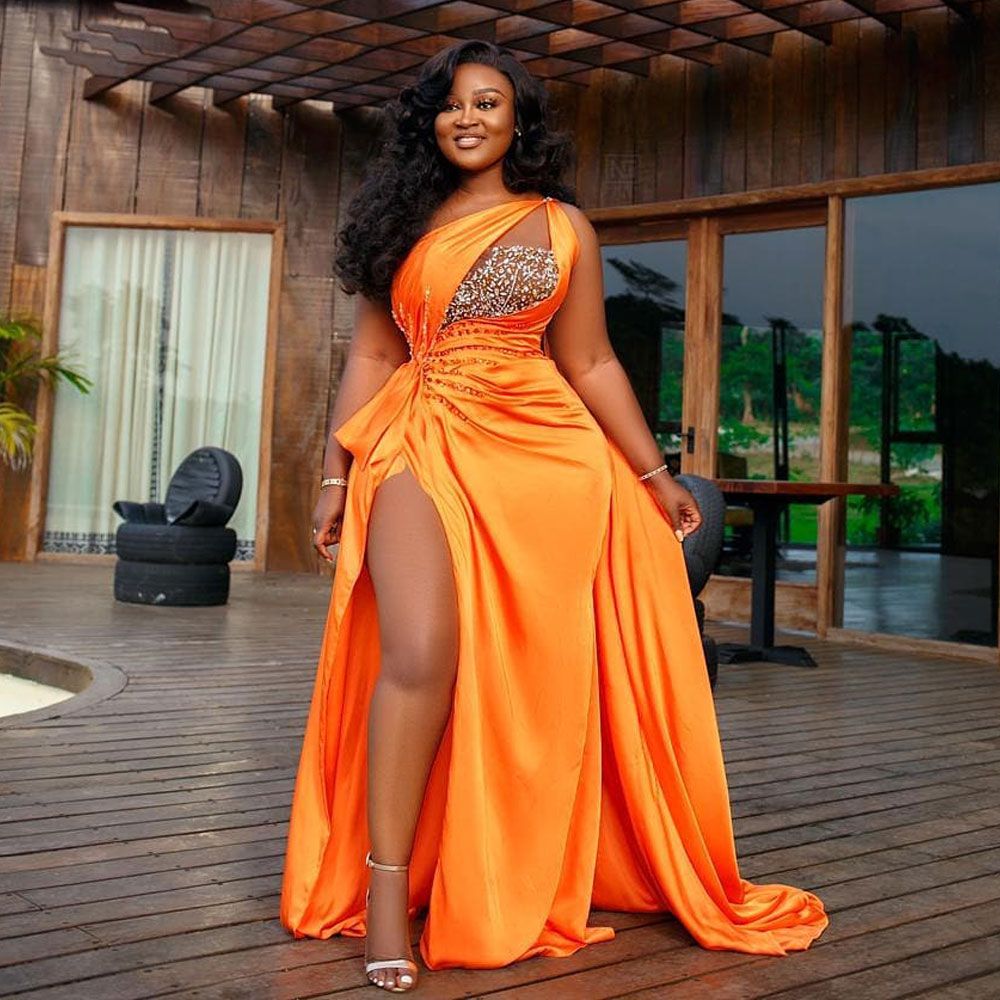 Orange Mermaid Beaded Prom Dresses One Shoulder Neck Sequined Side Split Evening Gowns Sweep Train Satin Plus Size Formal Dress O0210