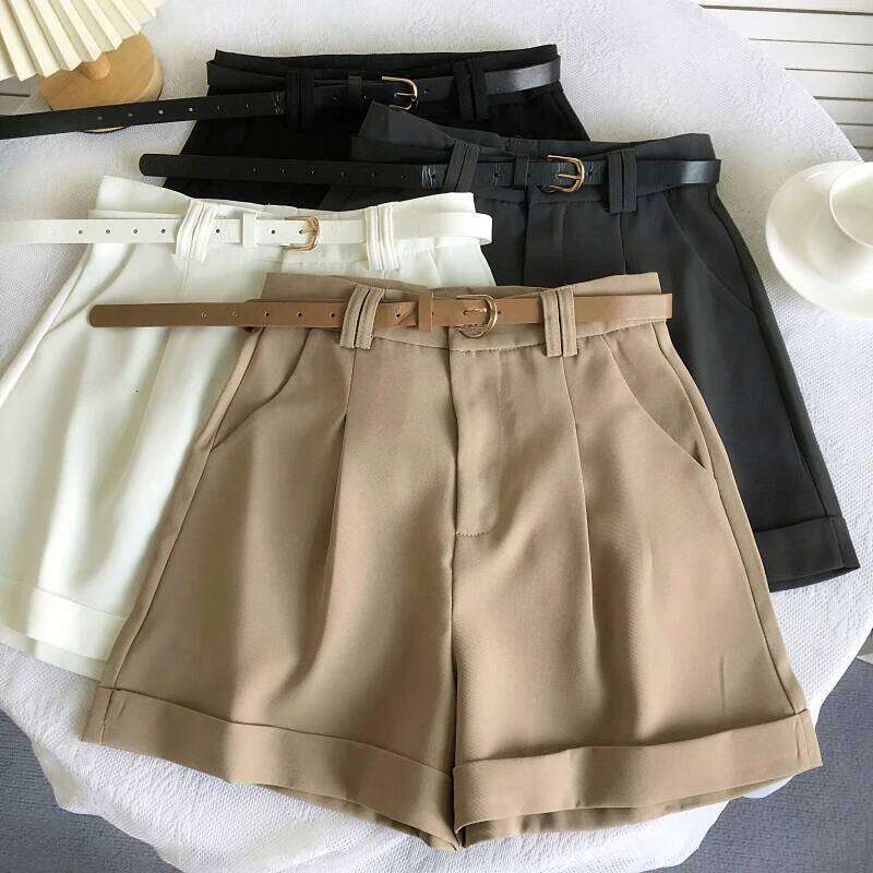 Korean Minimalist Versatile High Waisted Slim Casual Shorts Summer Fashion Solid Color Loose A-line Wide Leg Short With Belt XJ260206