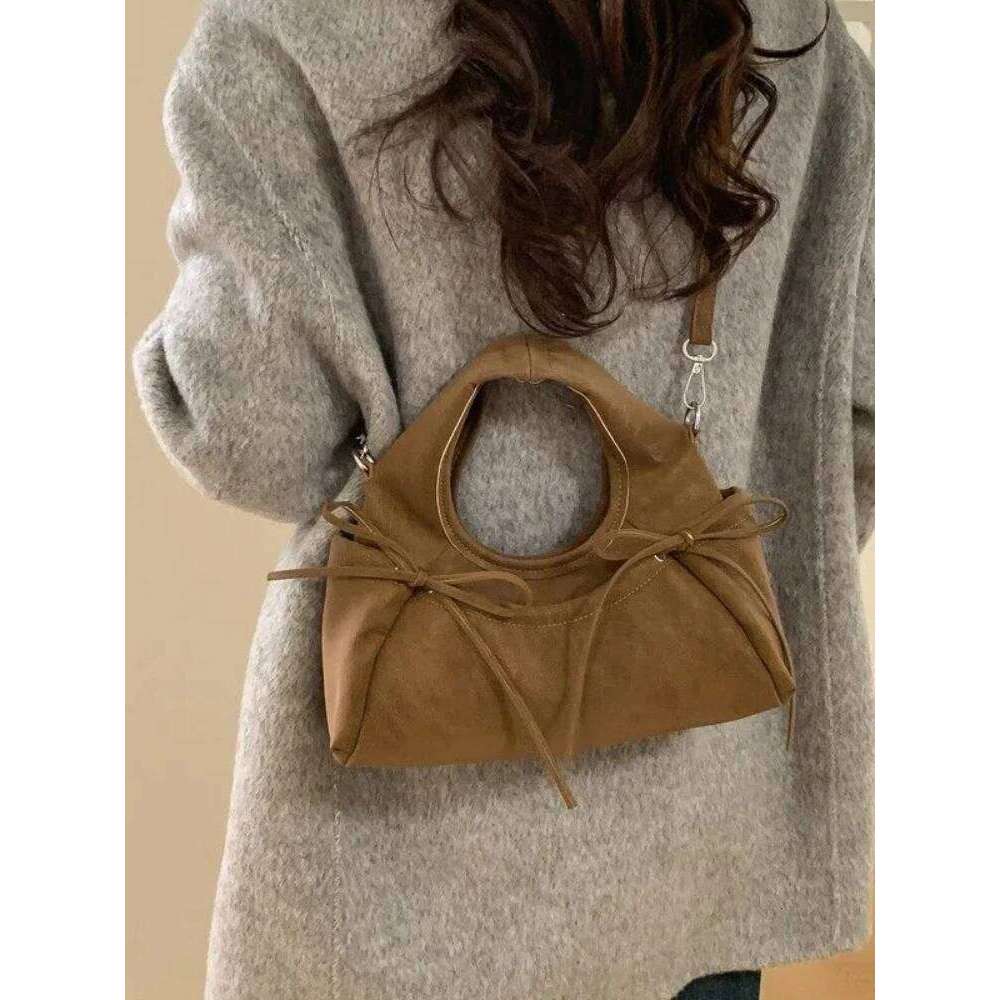 Dainty Double Bows PU Leather Suede Clutch Women Slouchy Chic Purse Satchel For Party Use Crossbody Strap Y260205