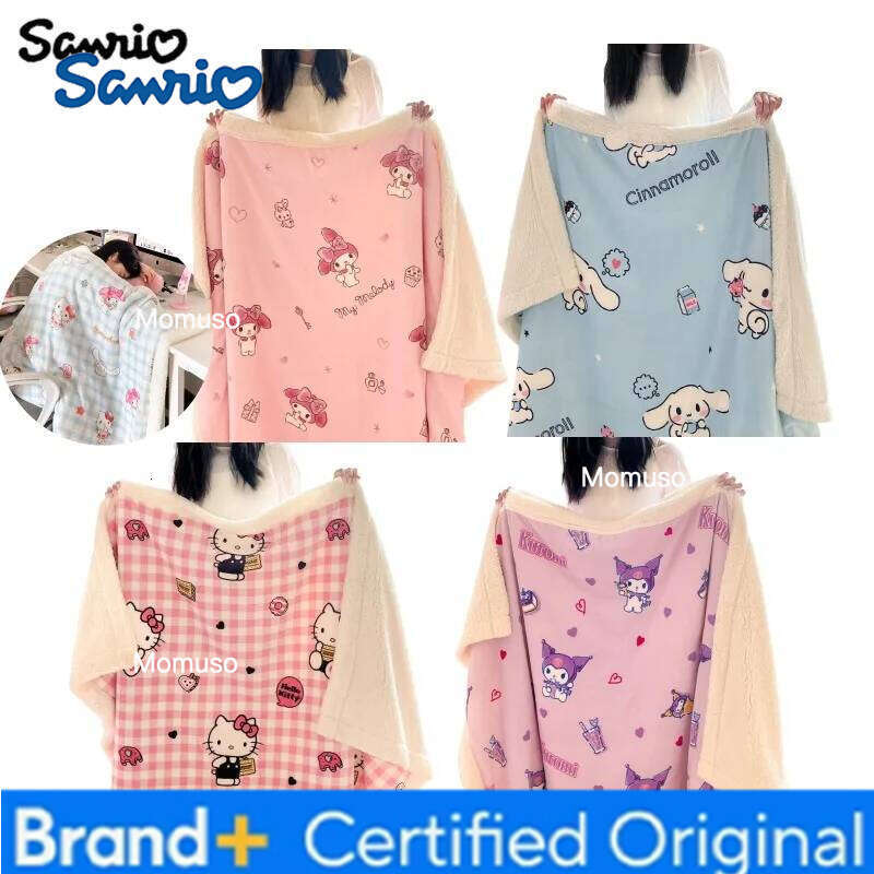 Sanrio New Hello Kitty Kuromi Cinnamoroll Anime Cartoon Pattern Cute Thickened Fleece Blanket Kawaii Multifunctional Warm Shawl H260206