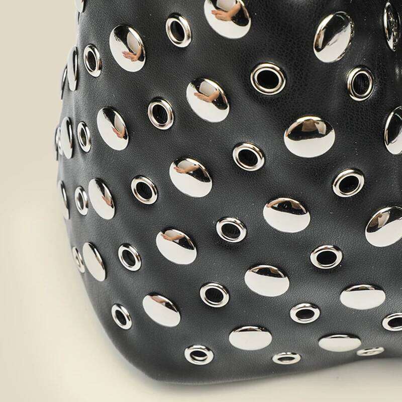 2025 Women's New Round Dot Rivet Shoulder Handbag Fashion Bucket Solid Color Underarm Bag Y260205