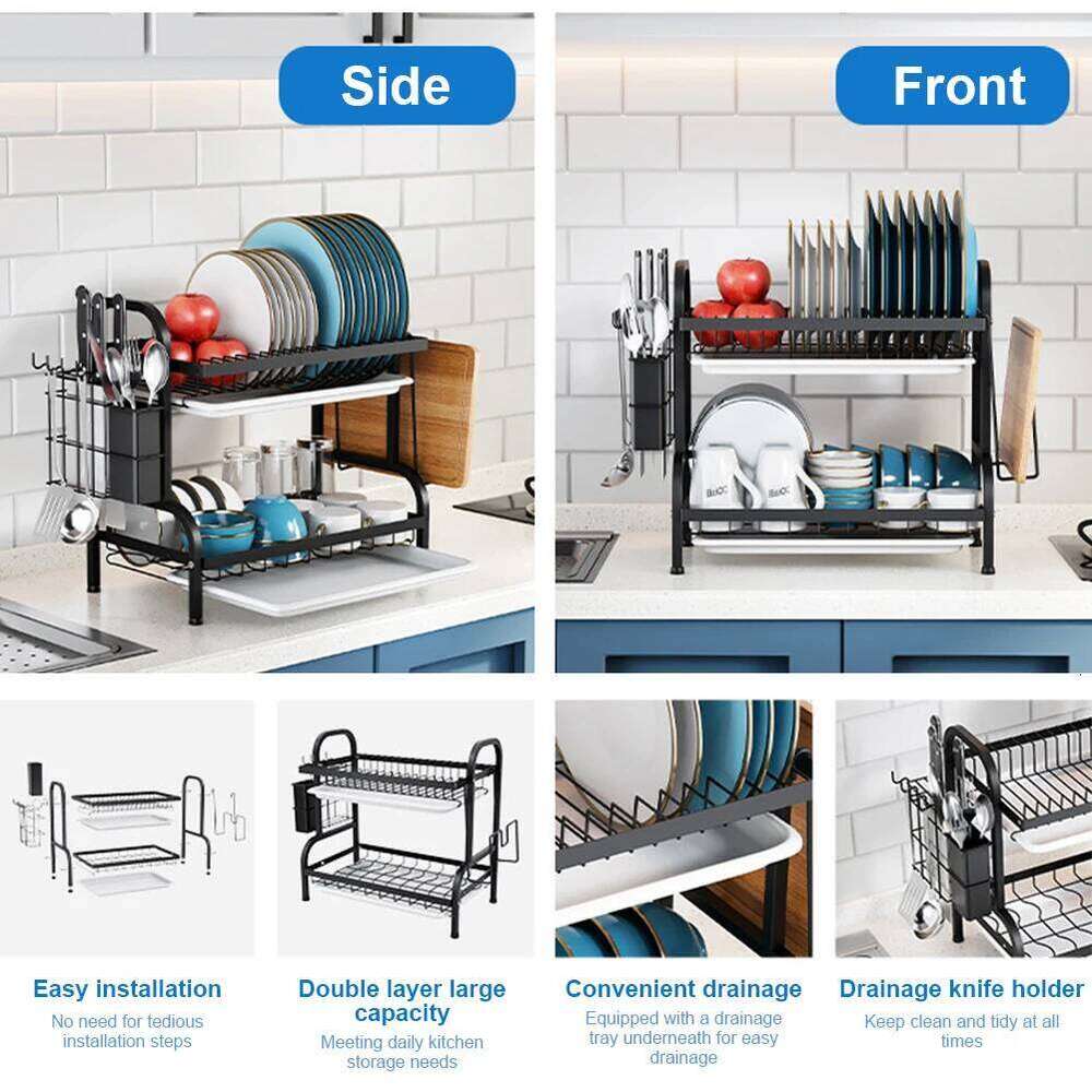 2 Tier Drainer with Drainboard Dish Rack Large Capacity Household Tray Box Basket Saving Space for Small Kitchen Countertop 26H0206