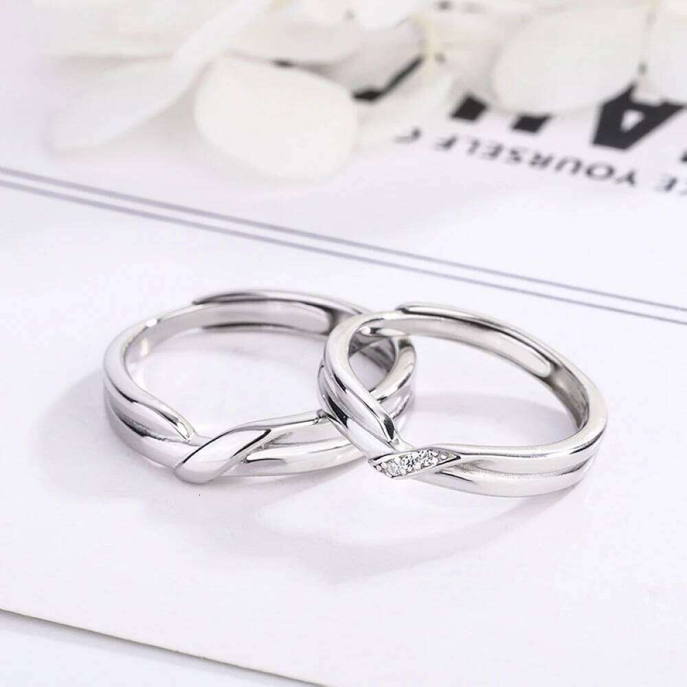 Copper Plated Silver Twist Tie Knot Couple Wedding Engagement Ring Crystal Men Women Valentine Gift Wholesale 2PCS Drop shipping W260206