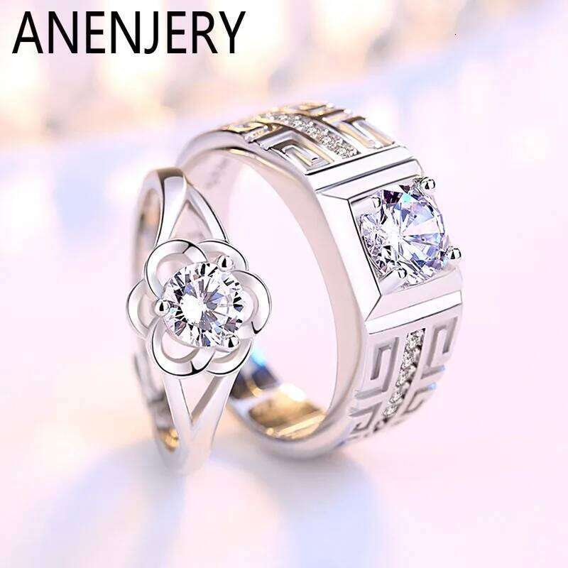ANENJERY Silver Shiny Zircon Couple Rings For Women Men Wedding Party Temperament Jewelry W260206