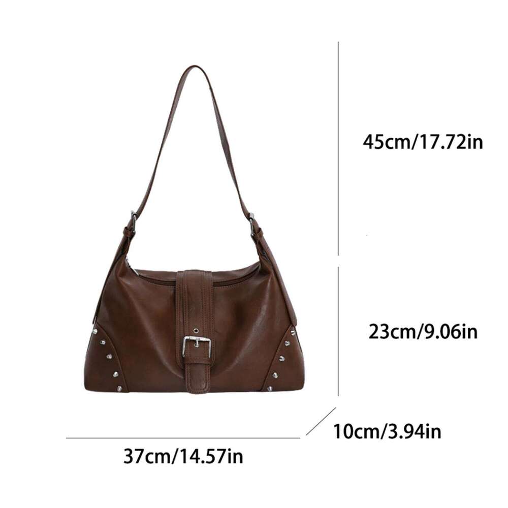 Retro Motocycle Shoulder Rivet Crescent Hobo PU Top-Handle Tote Bag with Belt Buckle for Women Work Travel Daily Use Y260205