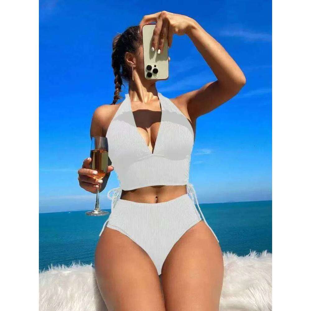 2025 Summer Women's Solid Color Halter Neck Two-Piece Swimwear Quick-Dry Swimsuit Holiday Corset Bikini Set Beachwear Z260206