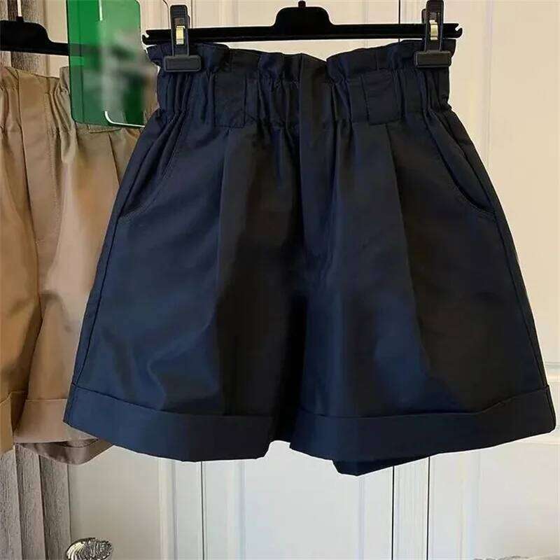 Women's Solid Color High Waisted Shorts Elastic Waist Wide Leg Casual Short Pants 2025 News H260206