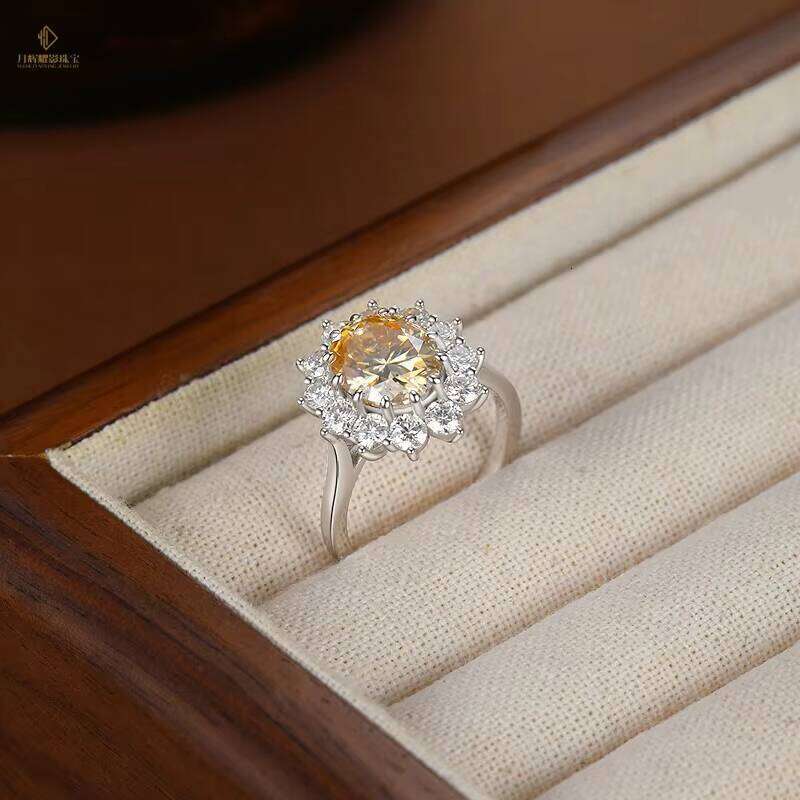 Luxury 925 Silver Champagne Oval Ring 3Ct Flower Moissanite Jewelry Pass Diamond Tester