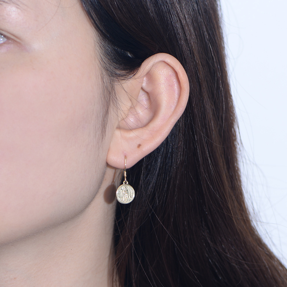 925 Sterling Silver Circle Coin for Women, INS Style, Vintage Round Medal Virgin Mary Relief Portrait Earrings