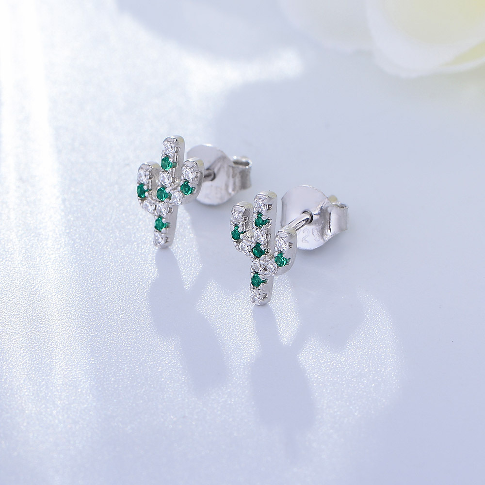 s925 silver plant cactus micro-inlaid zircon small for women, Japanese Korean sweet and fresh personalized earrings
