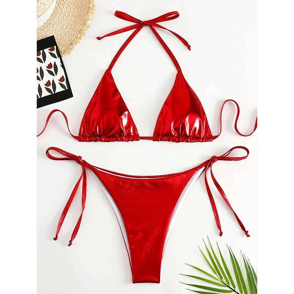 Sexy Metallic Halter Bikinis Sets Lace Up Triangle Tie Side Bikini 2024 Swimsuit Women Swimwear Brazilian Female Bathing Suits Z260206