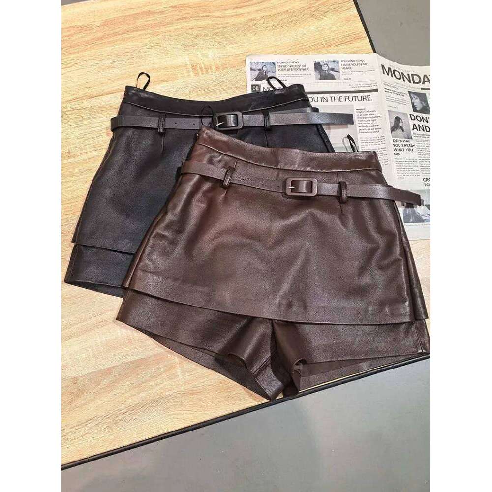 Top Quality Ladies Solid Color High Waist Genuine Leather Shorts Sweet Style Slim Sheepskin Sashes Buckle Short Trousers XJ260206
