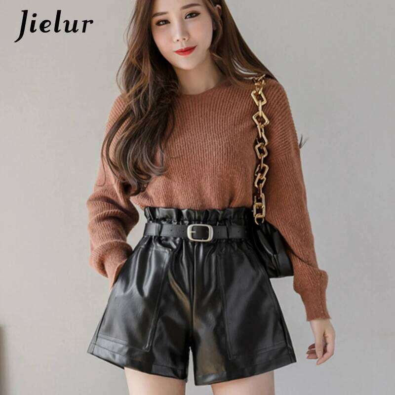 Jielur PU Autumn Winter Women Slim High Waist Solid Color Shorts Womens Chic Korean Belt Leather Short Trousers S-XL H260206