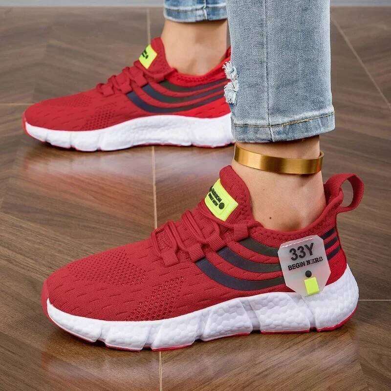 Women's Sneakers New Fashionable Breathable Flat Vulcanized Shoes 2025 Summer Mesh Knitted Lace Tenis Jeans Female Footwear